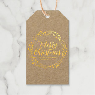 Merry Christmas gold modern script rustic wreath Foil Gift Tags