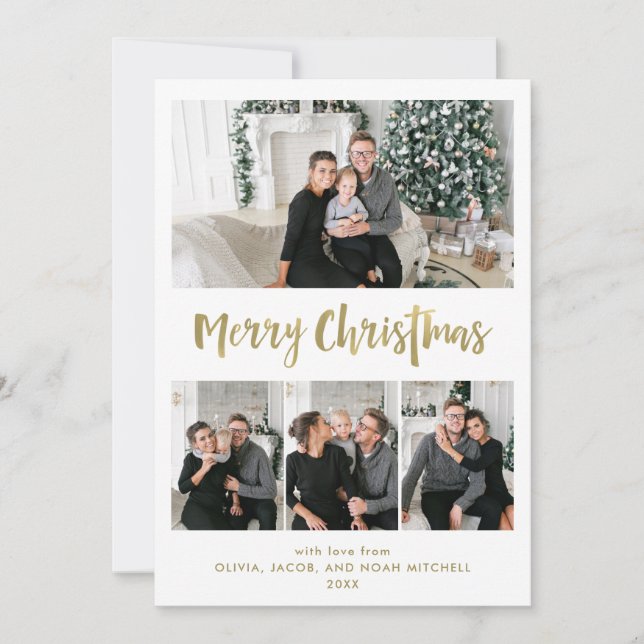 Merry Christmas | Gold Multi Photo Grid Holiday Card (Front)