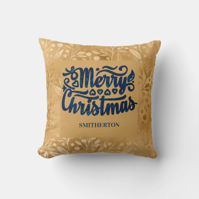 Merry Christmas Gold Navy Blue Brush Script Name Throw Pillow (Front)