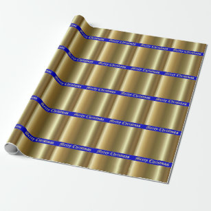 Merry Christmas Gold on Blue Stripe Wrapping Paper