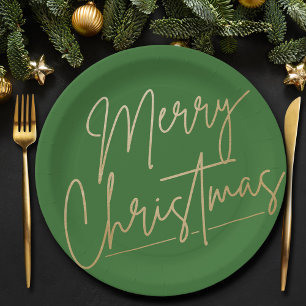 Merry Christmas Gold on Green Paper Plates