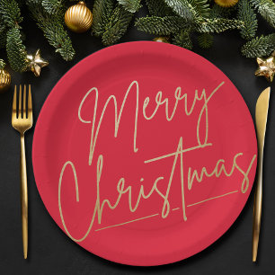 Merry Christmas Gold on Red Paper Plates