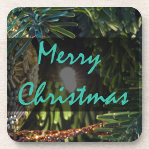 Merry Christmas Gold Ornament Beverage Coaster