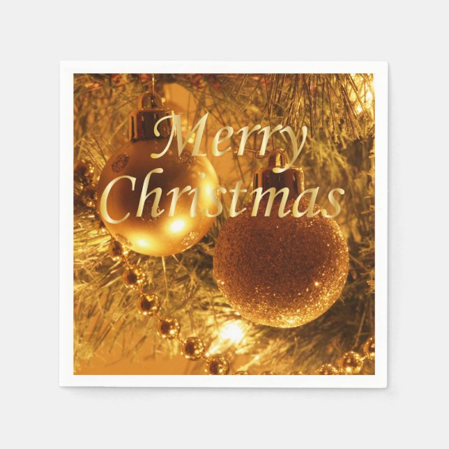 Merry Christmas Gold Ornaments Paper Napkins (Front)