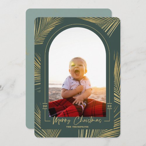 Merry Christmas Gold Palm Green Beach Photo Holiday Card