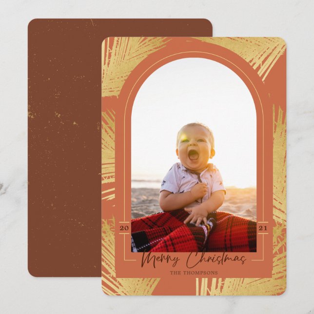 Merry Christmas Gold Palm Rust Beach Photo Holiday Card (Front/Back)