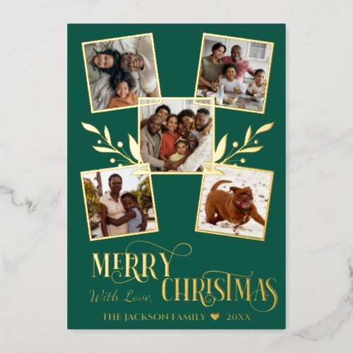 Merry Christmas Gold Photo Collage Green Foil Holiday Card