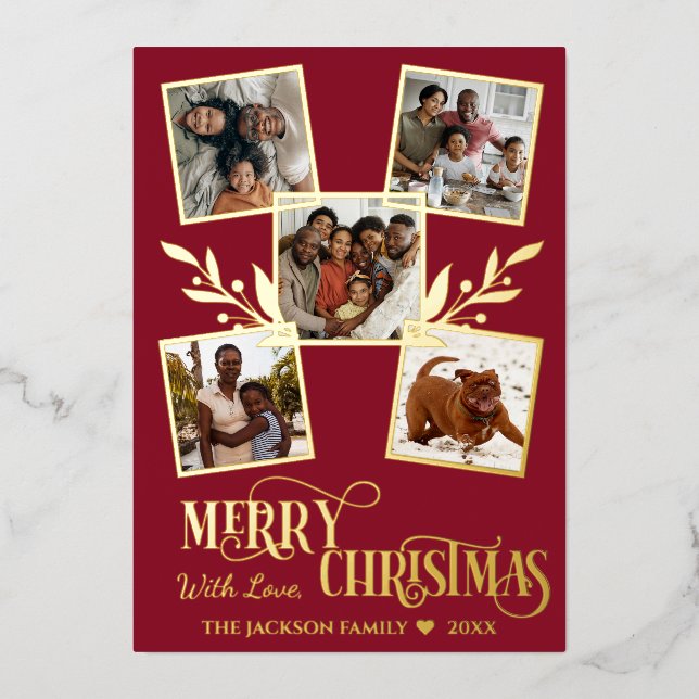 Merry Christmas Gold Photo Collage Red Foil Holiday Card (Front)
