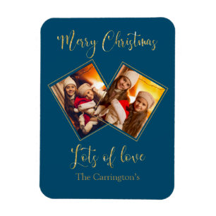 Merry Christmas Gold Photo Name Blue Magnet