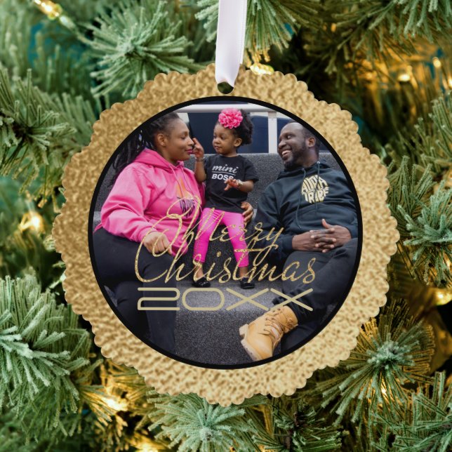 Merry Christmas Gold Photo Template Ornament Card (Insitu (Tree))