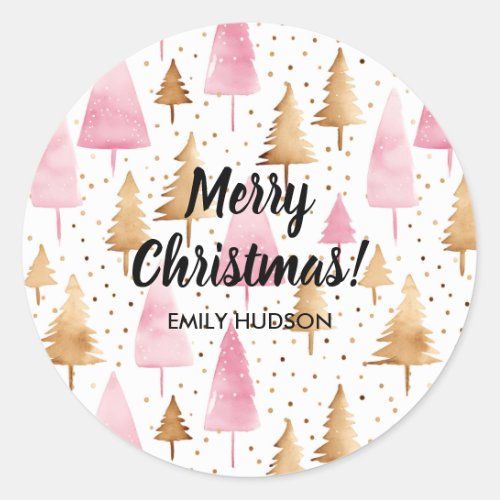 Merry Christmas Gold Pink Tree Classic Round Sticker