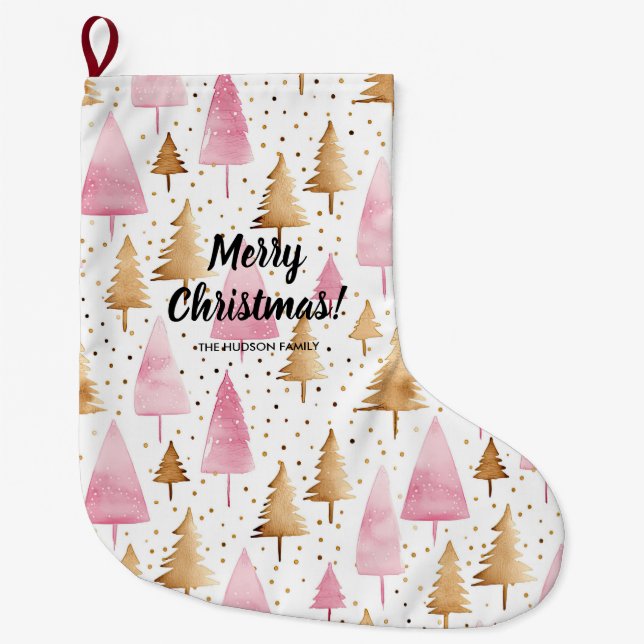Merry Christmas Gold Pink Tree Large Christmas Stocking (Front)