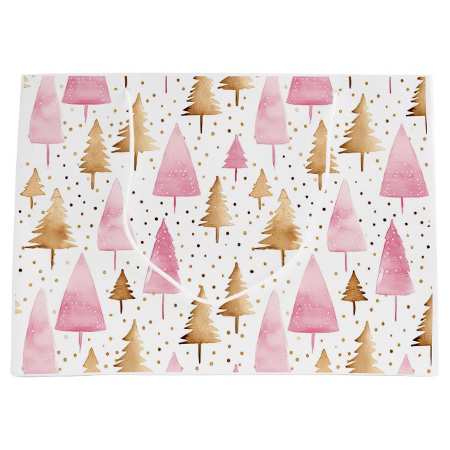 Merry Christmas Gold Pink Tree Large Gift Bag (Front)