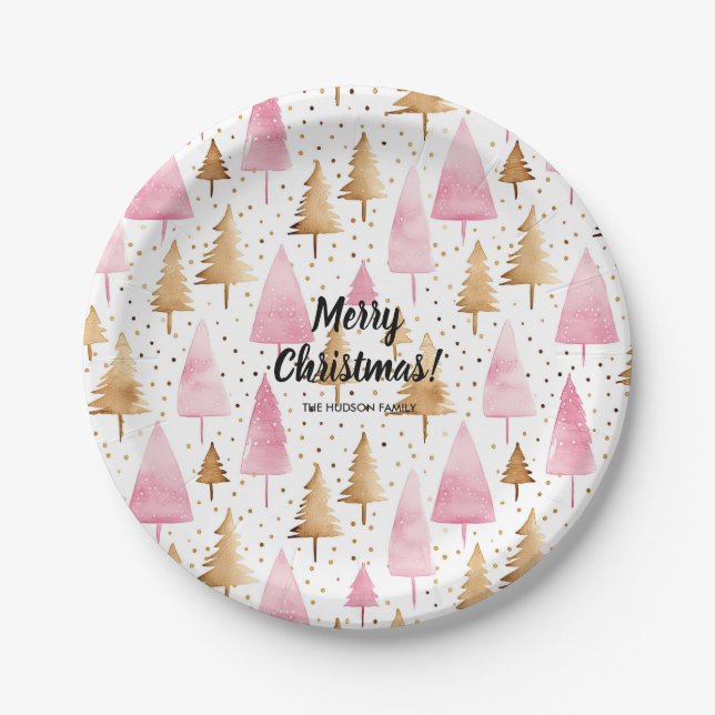 Merry Christmas Gold Pink Tree Paper Plates (Front)