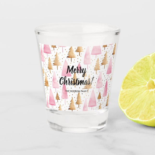 Merry Christmas Gold Pink Tree Shot Glass (Front)