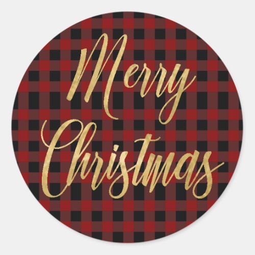 Merry Christmas Gold  Red Black Plaid Tartan Classic Round Sticker