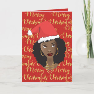 Merry Christmas Gold & Red, Black Woman, Santa Hat Card