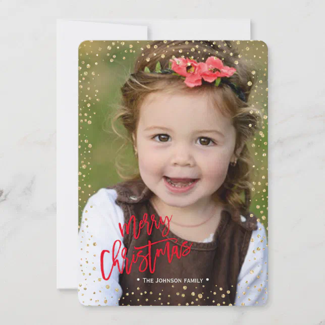Merry Christmas | Gold & Red | Glitter Dots Holiday Card | Zazzle