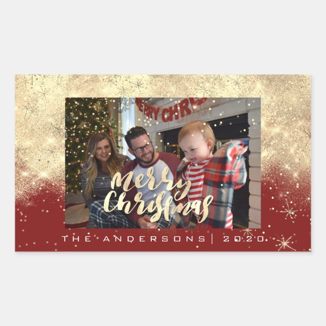 Merry Christmas Gold Red Stars Spark Photo Name Rectangular Sticker (Front)