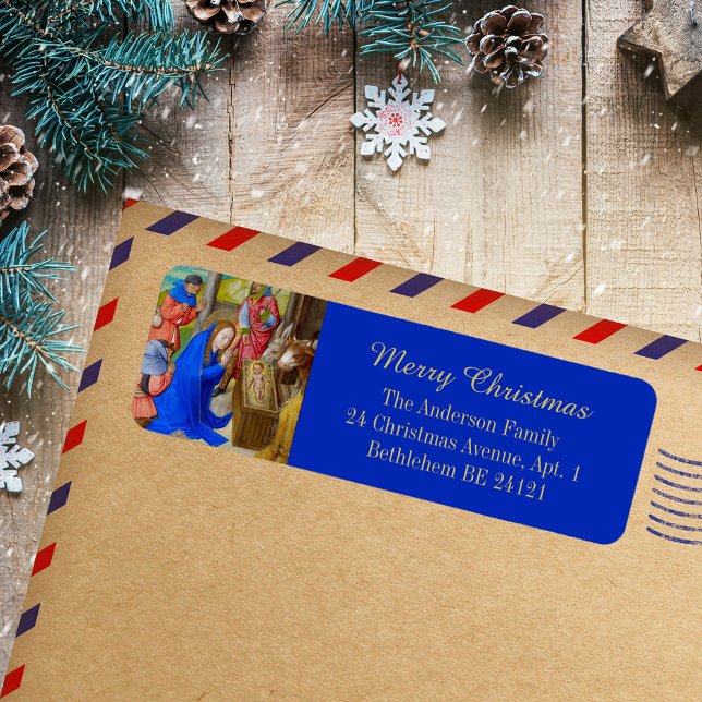 Merry Christmas Gold Religious Christian Medieval Label (Merry Christmas Gold Blue Religious Christian Catholic Medieval Holiday Return Address Label)