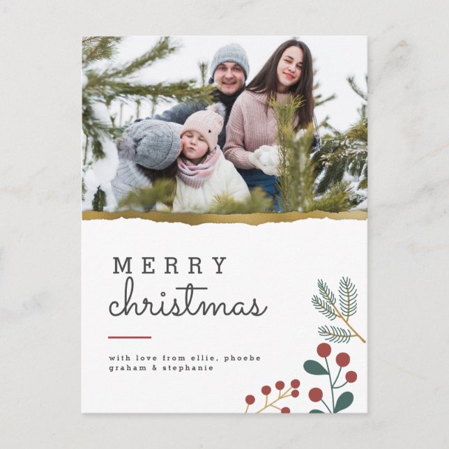 Merry Christmas | Gold Rip & Festive Sprigs Photo Holiday Postcard (Front)