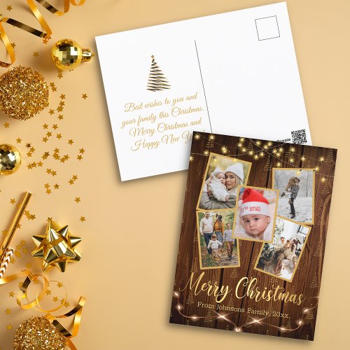 merry christmas gold rustic 5 photo collage chic postcard