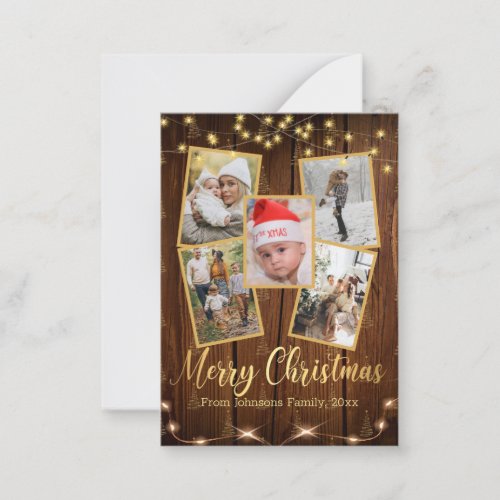 merry christmas gold rustic wood 5 photo collage  note card