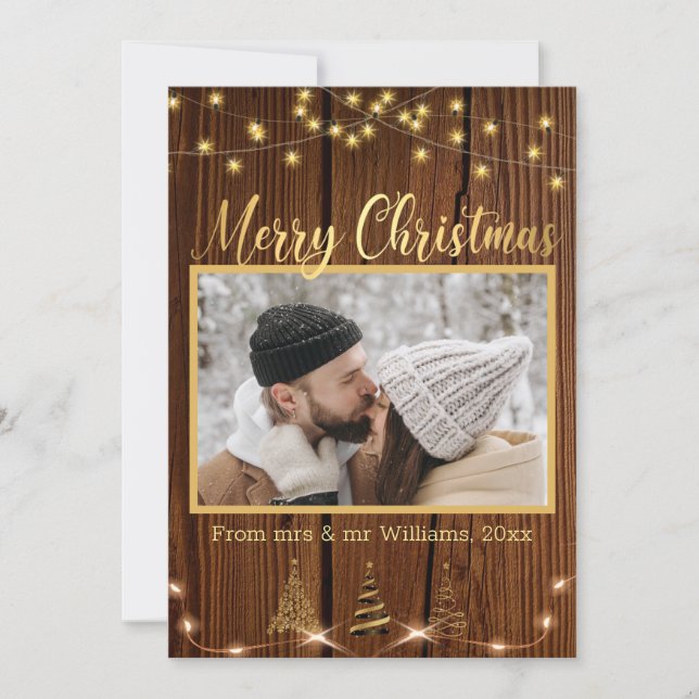 merry christmas gold rustic wood holiday photo note card (Front)