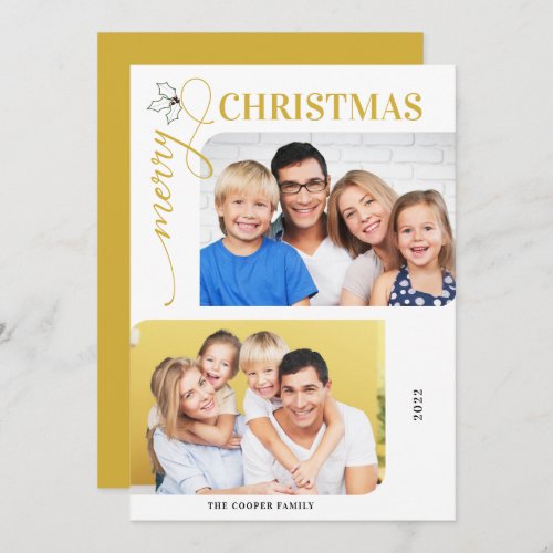 Merry Christmas Gold Script 2 Photos Holiday Card