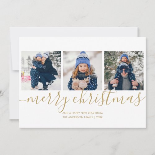 Merry Christmas Gold Script 3 Photo Holiday Card