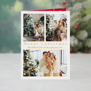 merry christmas gold script 3 photos collage foil holiday card