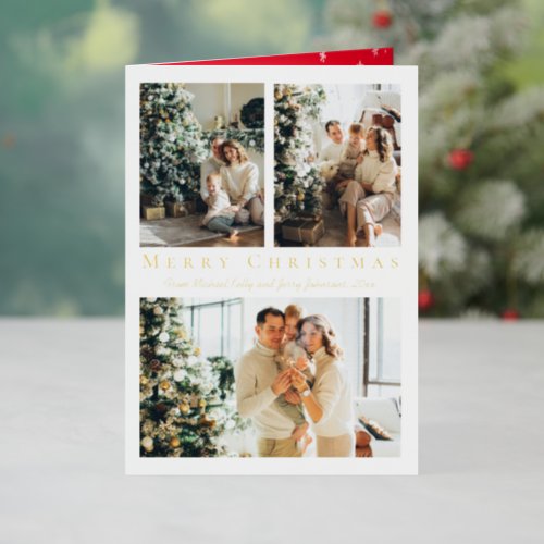 merry christmas gold script 3 photos collage foil holiday card