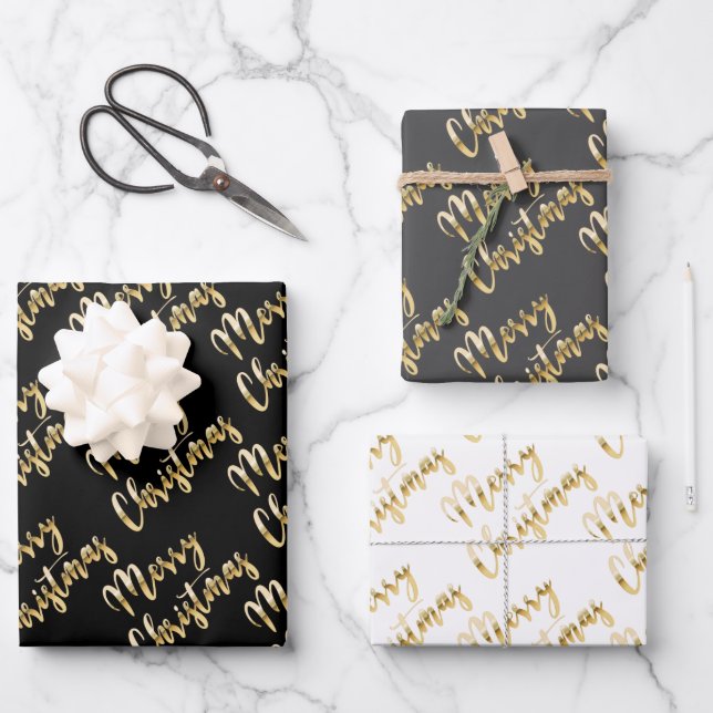 Merry Christmas gold script black grey white Wrapping Paper Sheets (Front)