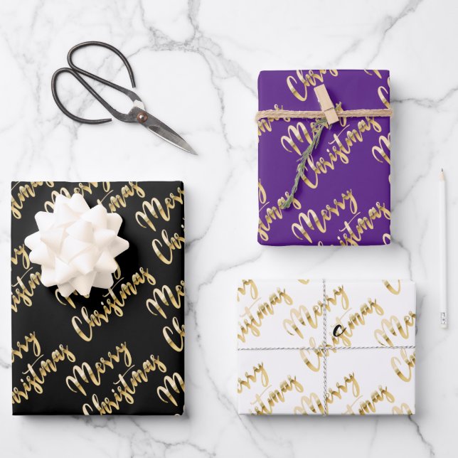 Merry Christmas gold script black white purple Wrapping Paper Sheets (Front)