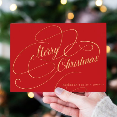 Merry Christmas gold script classic red  Holiday Card