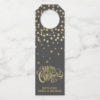 Merry Christmas - Gold Script & Confetti  Bottle Hanger Tag