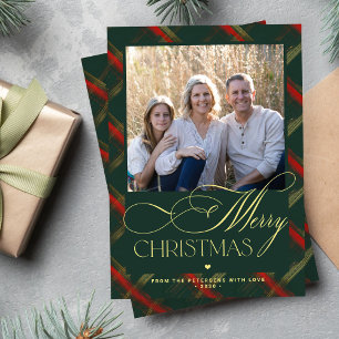 Merry Christmas gold script dark green plaid photo Holiday Card