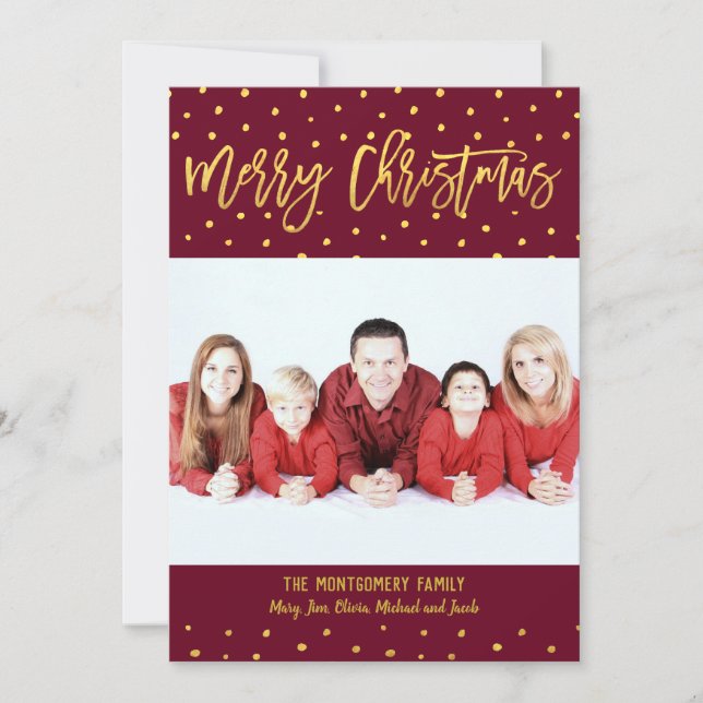 Merry Christmas Gold Script Dots Custom Photo Holiday Card (Front)