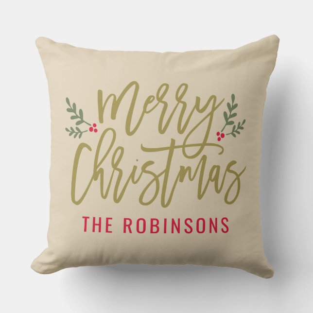 Merry Christmas Gold Script Family Name Beige Throw Pillow (Front)