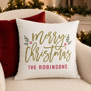 Merry Christmas Gold Script Family Name White Throw Pillow