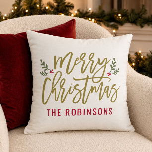 Merry Christmas Gold Script Family Name White Throw Pillow