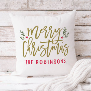 Merry Christmas Gold Script Family Name White Throw Pillow
