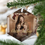 Merry Christmas Gold Script Family Photo Glass Ornament<br><div class="desc">Spread holiday cheer to friends and family with this modern keepsake ornament. The gold faux foil text reads "Merry Christmas" in elegant handwriting script. Replace the sample image with your favorite photo,  and add your family name and the year. A black gradient filter helps make the text pop.</div>