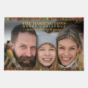 Merry Christmas Gold Script Family Photo Name Doormat