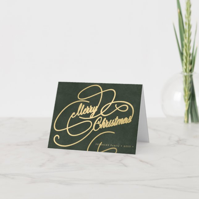 Merry Christmas gold script green elegant Holiday Card (Front)