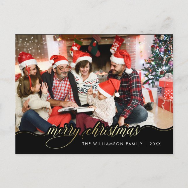 Merry Christmas Gold Script Holiday Greeting Photo Postcard (Front)