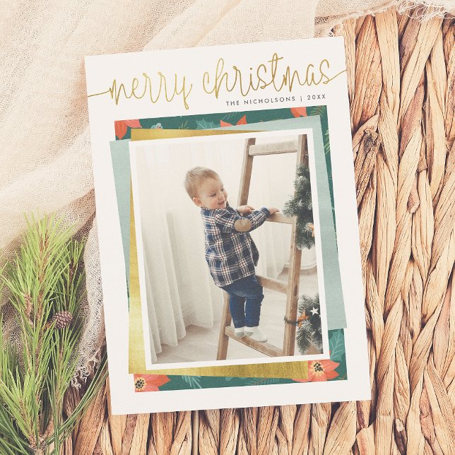 Merry Christmas Gold Script & Holiday Photo Stack Card (Creator Uploaded)