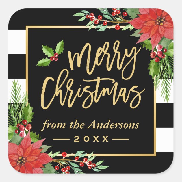 Merry Christmas Gold Script Lettering Floral Decor Square Sticker