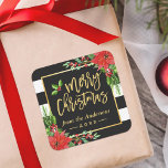 Merry Christmas Gold Script Lettering Floral Decor Square Sticker<br><div class="desc">This stunning design combines elegant gold script lettering with intricate floral accents,  creating a sophisticated and festive atmosphere. Perfect for adding a touch of glamour to your holiday favors,  gift packaging,  or Christmas cards.</div>