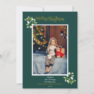 Merry Christmas Gold Script Mistletoe Photo Holiday Card